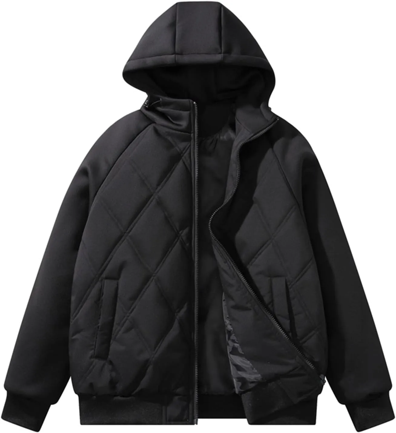 Mens Puffer Jacket Zip up Quilted Hoodie Lightweight Hooded Down Jacket Warm Padded Jackets Thermal Winter Coat