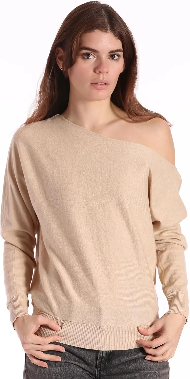Minnie Rose Womens Long Sleeve Off The Shoulder Cotton Cashmere Pull Over Sweater
