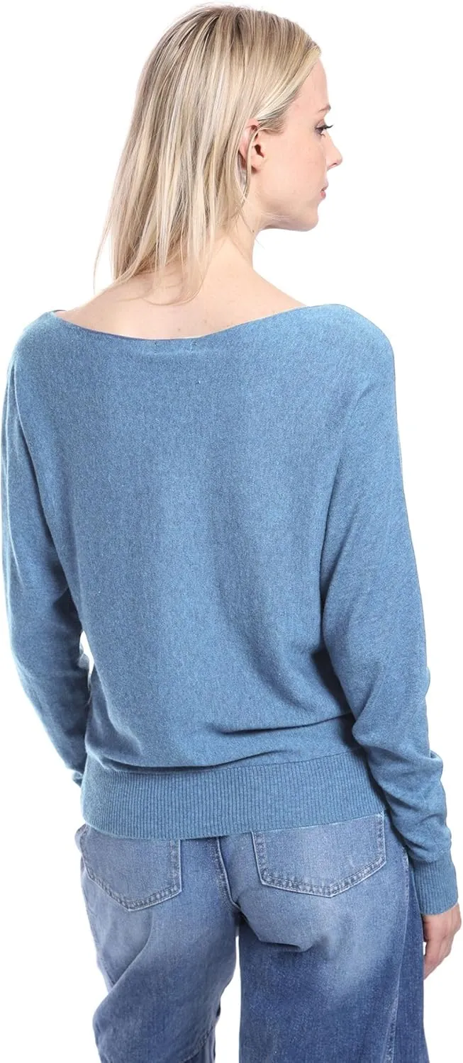 Minnie Rose Womens Long Sleeve Off The Shoulder Cotton Cashmere Pull Over Sweater