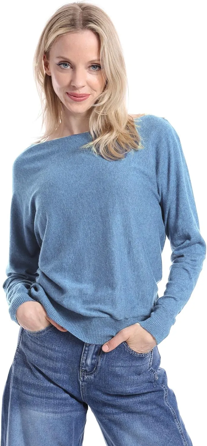Minnie Rose Womens Long Sleeve Off The Shoulder Cotton Cashmere Pull Over Sweater