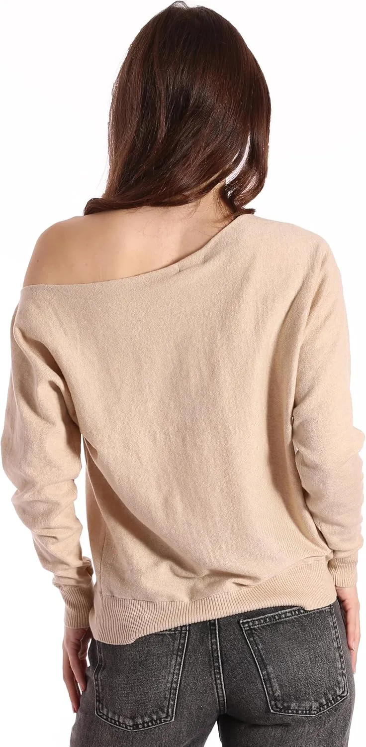 Minnie Rose Womens Long Sleeve Off The Shoulder Cotton Cashmere Pull Over Sweater