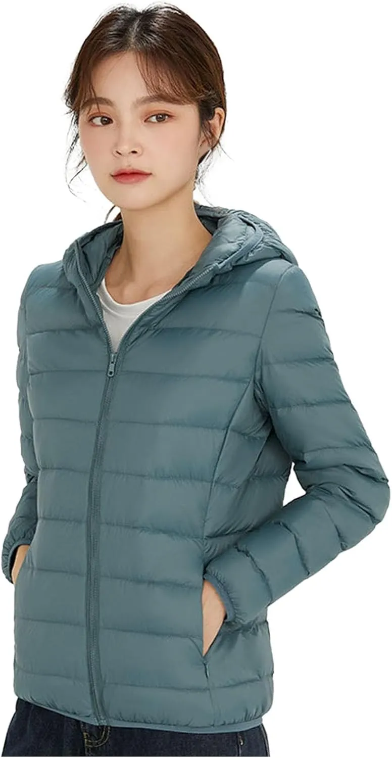 Packable Jackets for Women Lightweight Slim Fit Puffer Jacket Casual Hooded Warm Winter Quilted Down Jacket with Hood