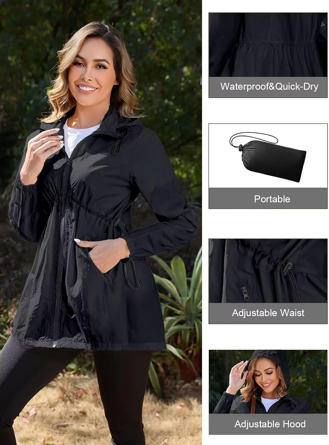 PITINAN Womens Rain Jacket Lightweight Waterproof Jacket With Hood Outdoor Packable Raincoat with Pockets S-XXL