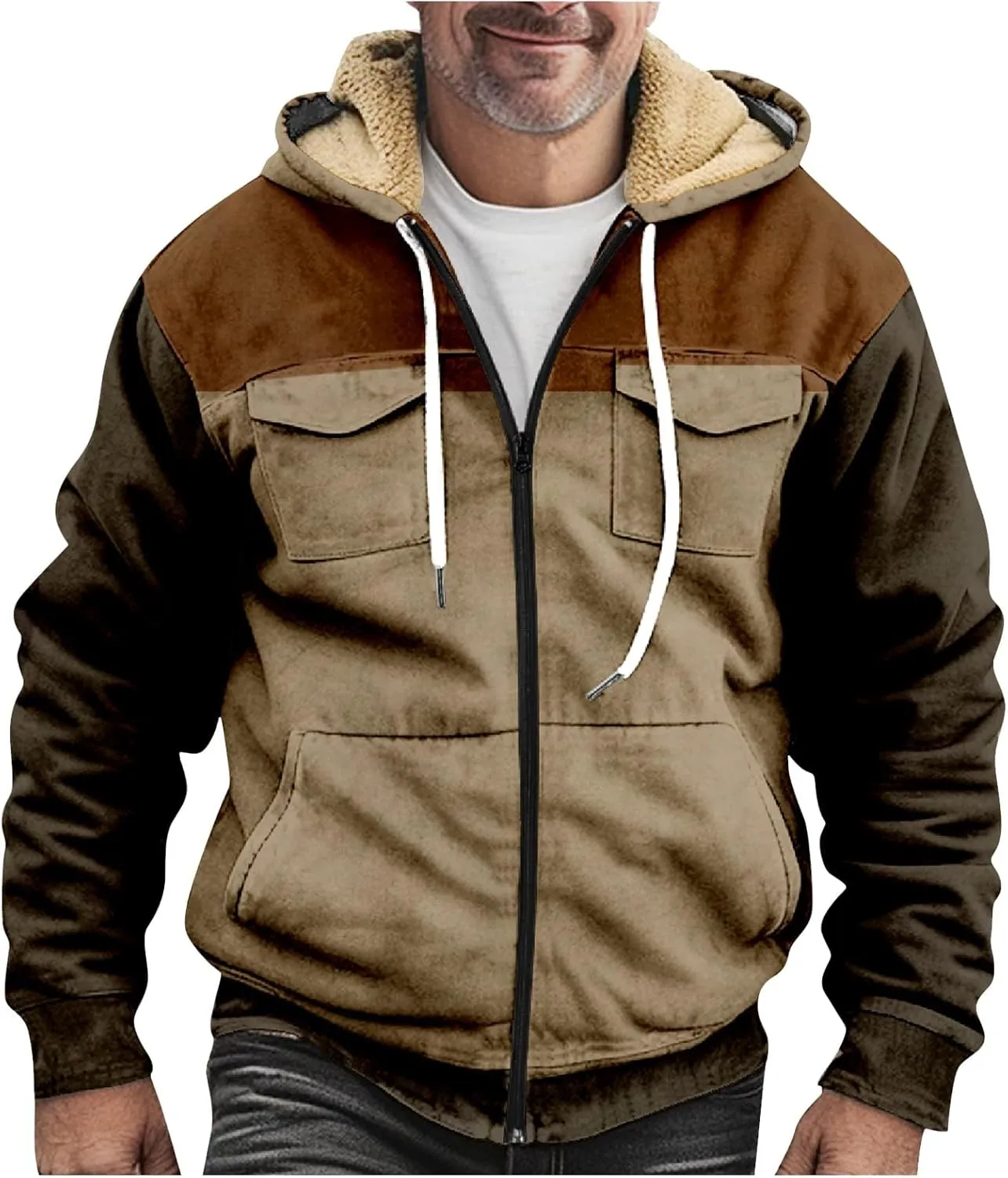 RTRDE Mens Sherpa Lined Jacket with Hood Winter Full Zip Up Hoodies Jacket Fleece Heavyweight Coats Pockets Jacket