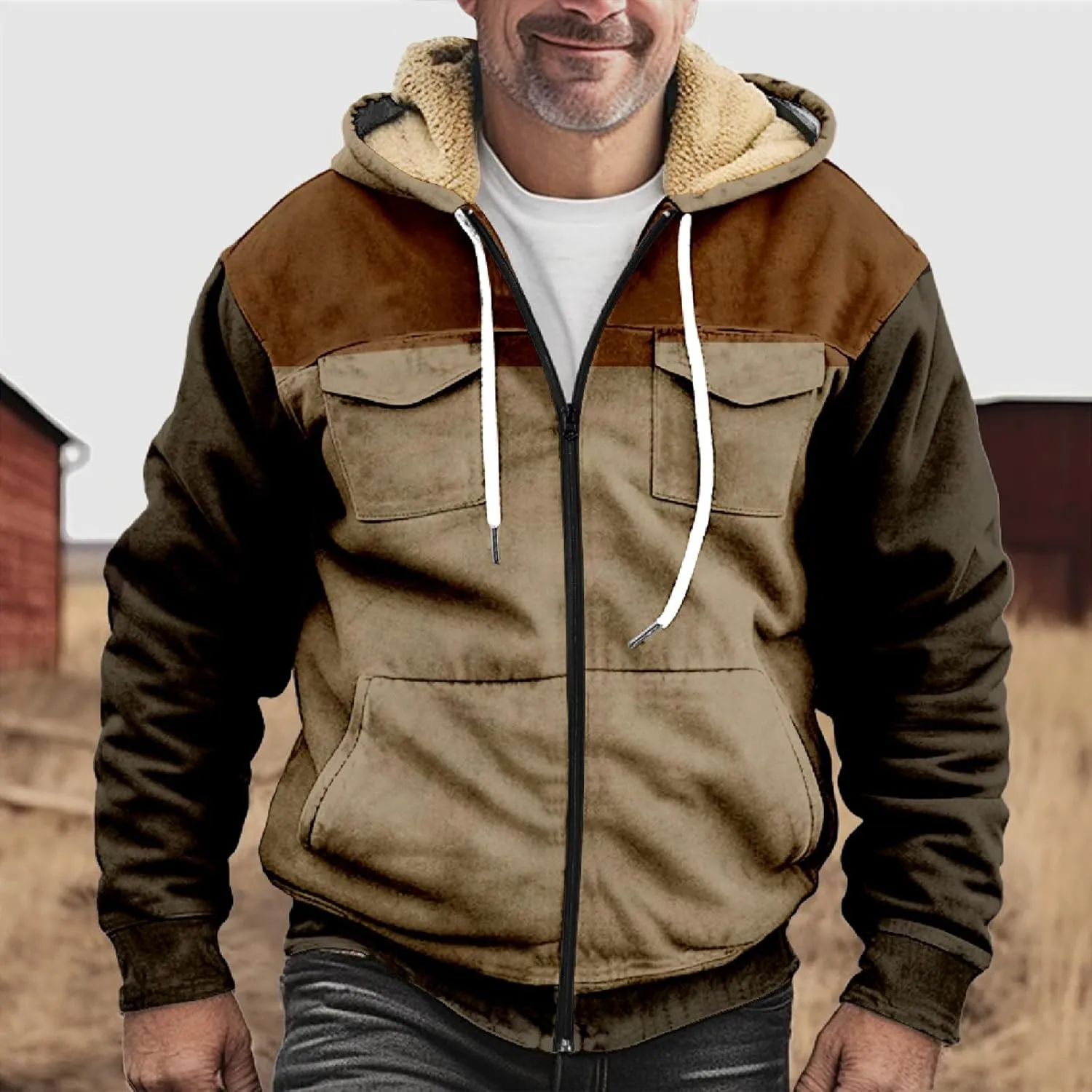 RTRDE Mens Sherpa Lined Jacket with Hood Winter Full Zip Up Hoodies Jacket Fleece Heavyweight Coats Pockets Jacket