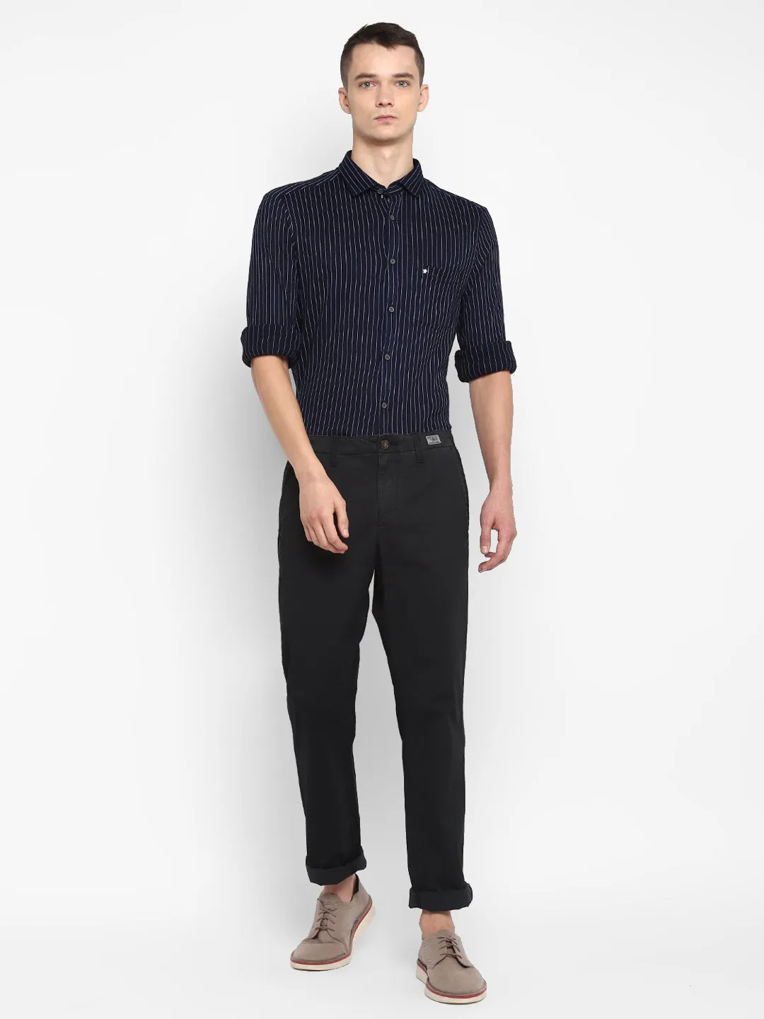 Turtle Men Navy Knitted Striped Ultra Slim Fit Shirts