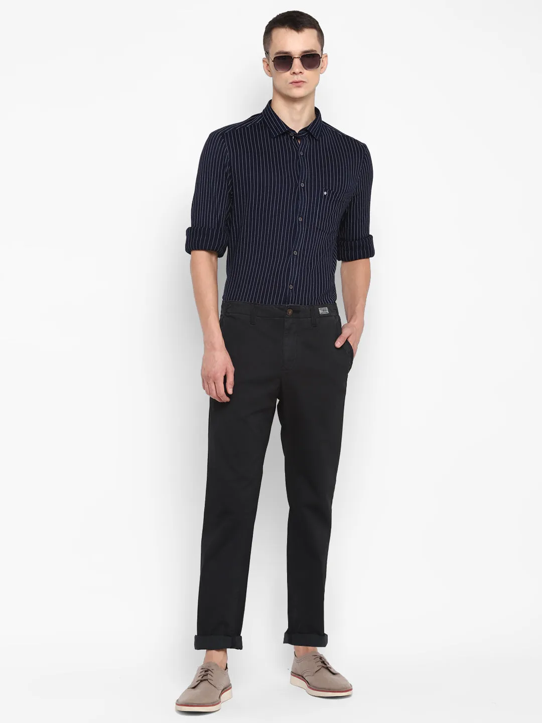 Turtle Men Navy Knitted Striped Ultra Slim Fit Shirts