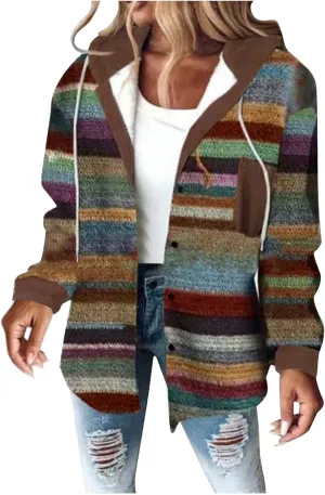 Womens Fashion Winter Coats Fuzzy Fleece Lined Button Down Warm Hooded Jackets Color Block Sherpa Thick Coats