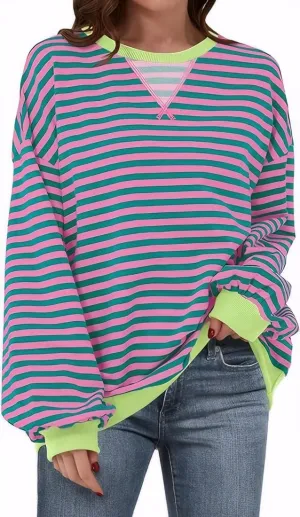 Womens Stripe Oversized Crewneck Sweatshirts Long Sleeve Pullover Color Block Y2K shirts