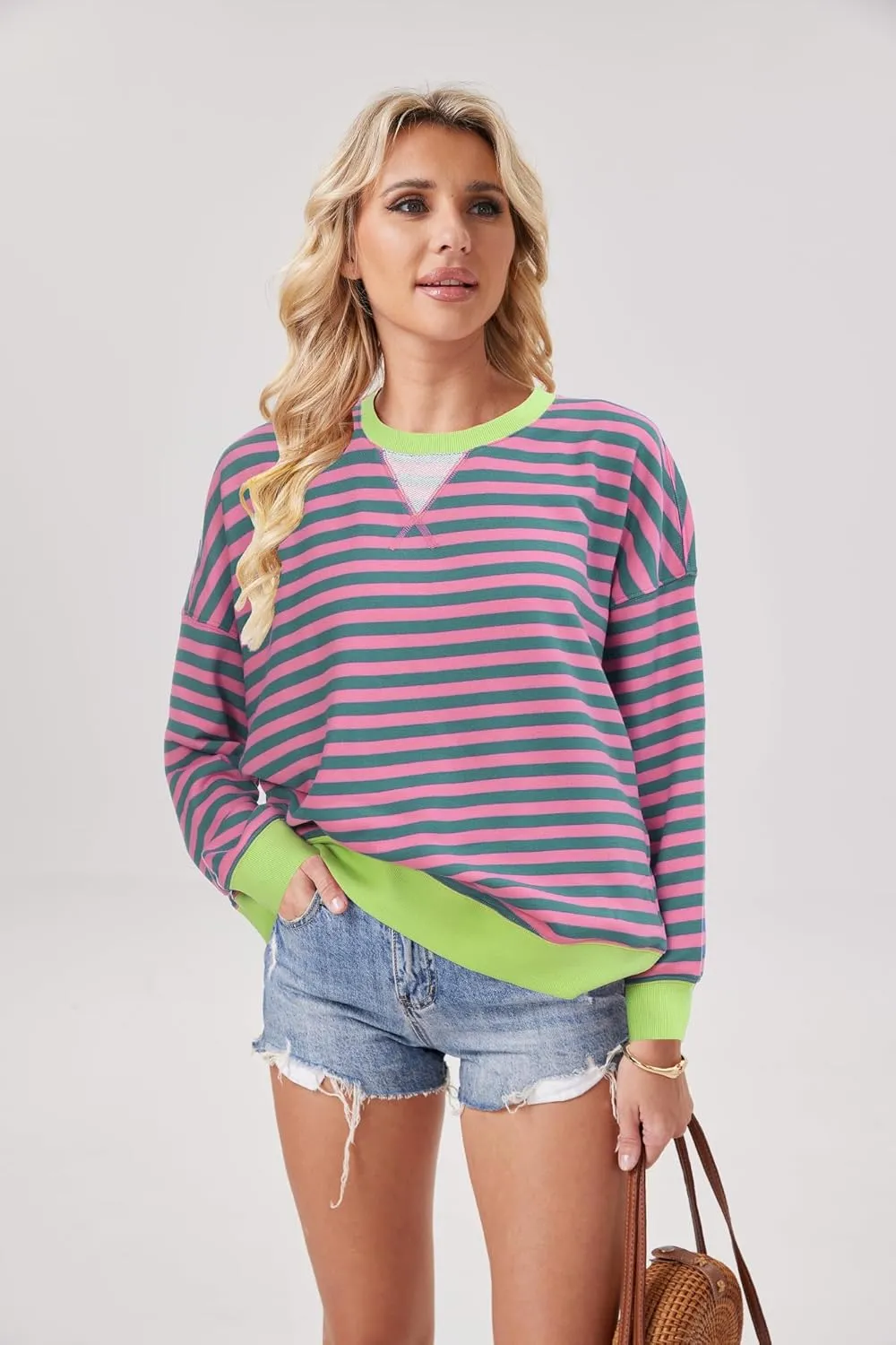 Womens Stripe Oversized Crewneck Sweatshirts Long Sleeve Pullover Color Block Y2K shirts