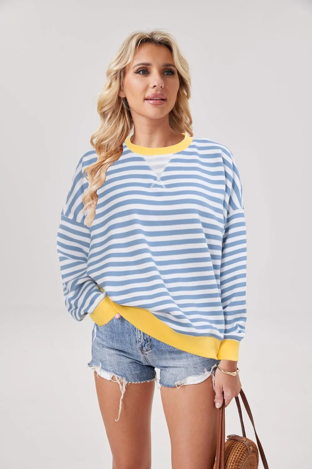 Womens Stripe Oversized Crewneck Sweatshirts Long Sleeve Pullover Color Block Y2K shirts