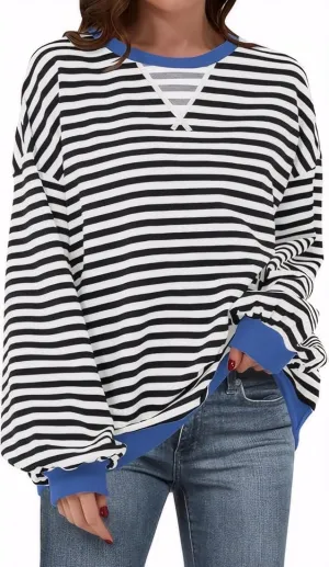 Womens Stripe Oversized Crewneck Sweatshirts Long Sleeve Pullover Color Block Y2K shirts