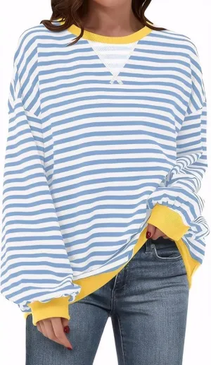 Womens Stripe Oversized Crewneck Sweatshirts Long Sleeve Pullover Color Block Y2K shirts