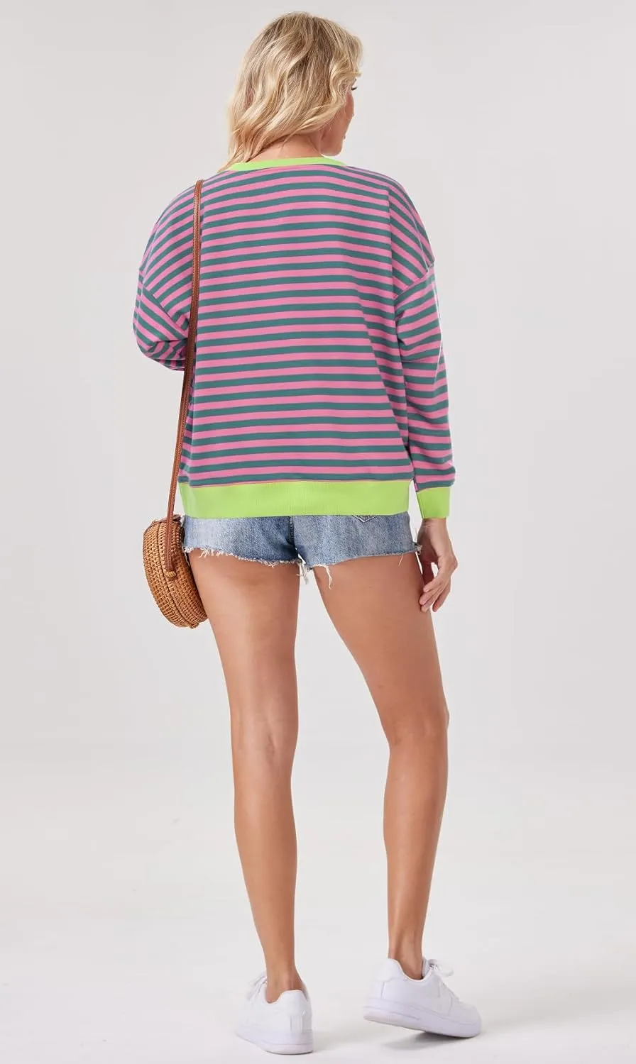 Womens Stripe Oversized Crewneck Sweatshirts Long Sleeve Pullover Color Block Y2K shirts