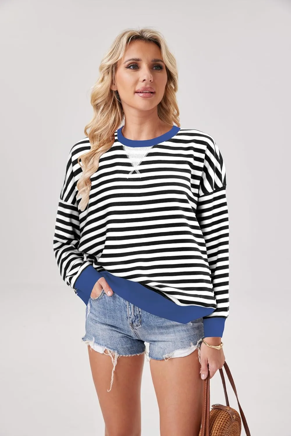 Womens Stripe Oversized Crewneck Sweatshirts Long Sleeve Pullover Color Block Y2K shirts