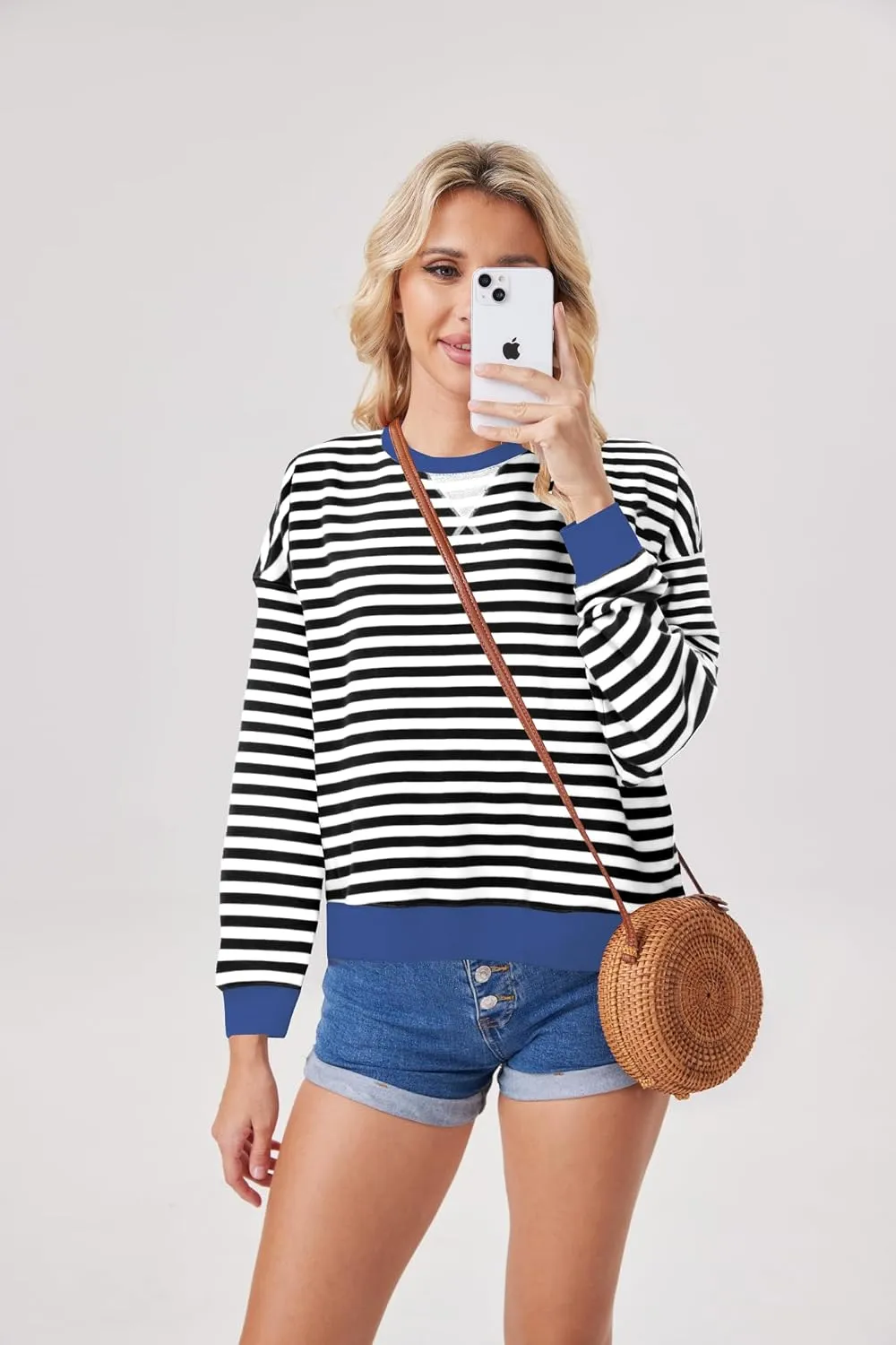 Womens Stripe Oversized Crewneck Sweatshirts Long Sleeve Pullover Color Block Y2K shirts