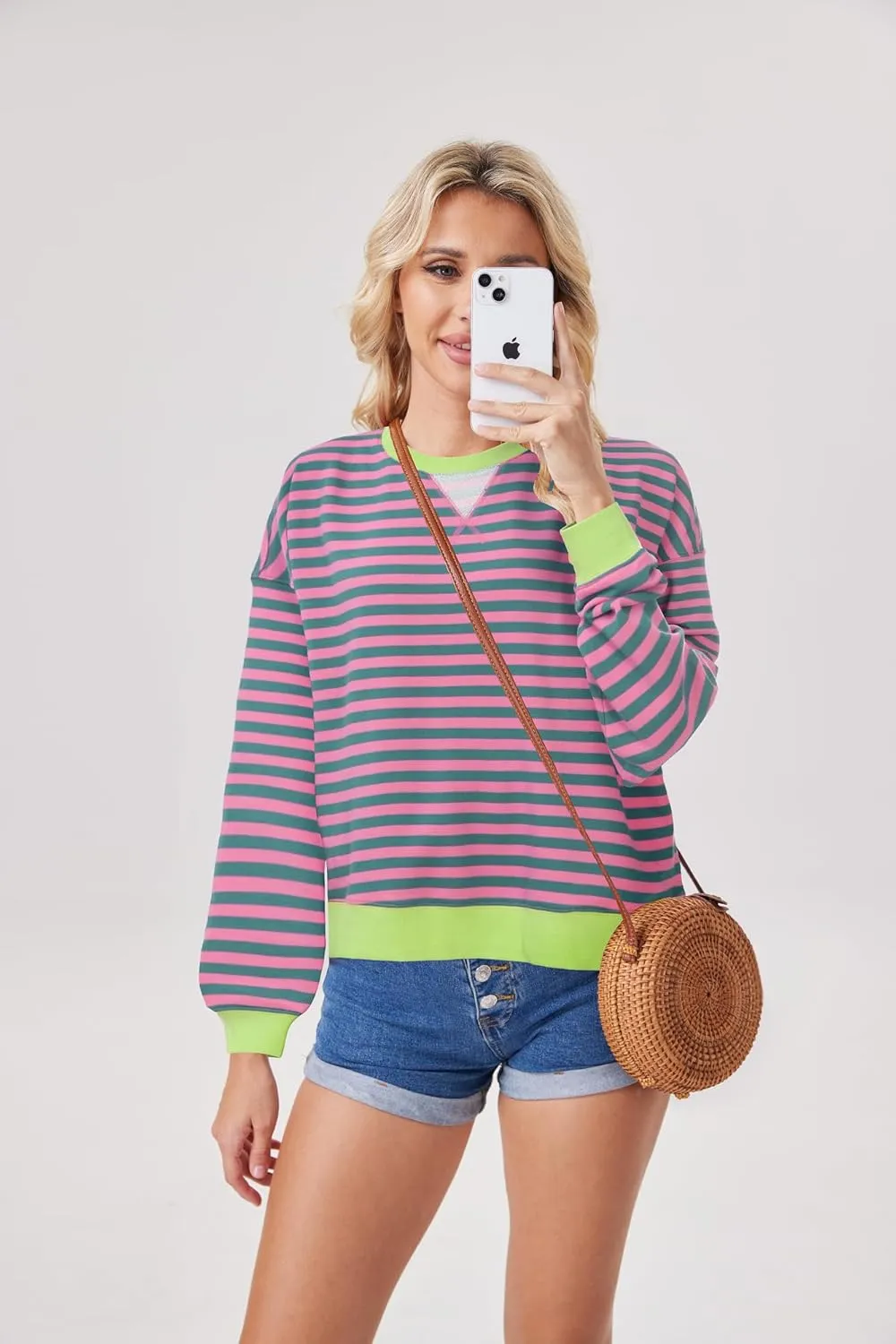Womens Stripe Oversized Crewneck Sweatshirts Long Sleeve Pullover Color Block Y2K shirts