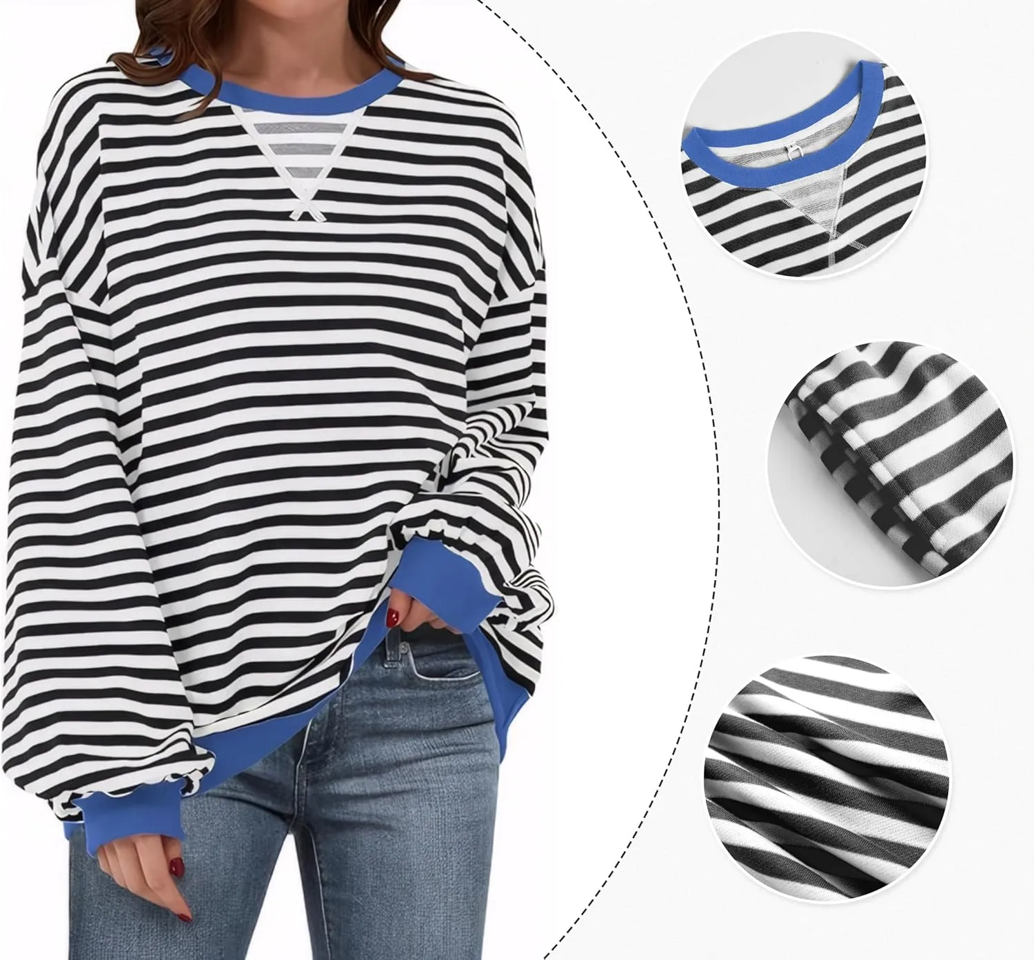 Womens Stripe Oversized Crewneck Sweatshirts Long Sleeve Pullover Color Block Y2K shirts