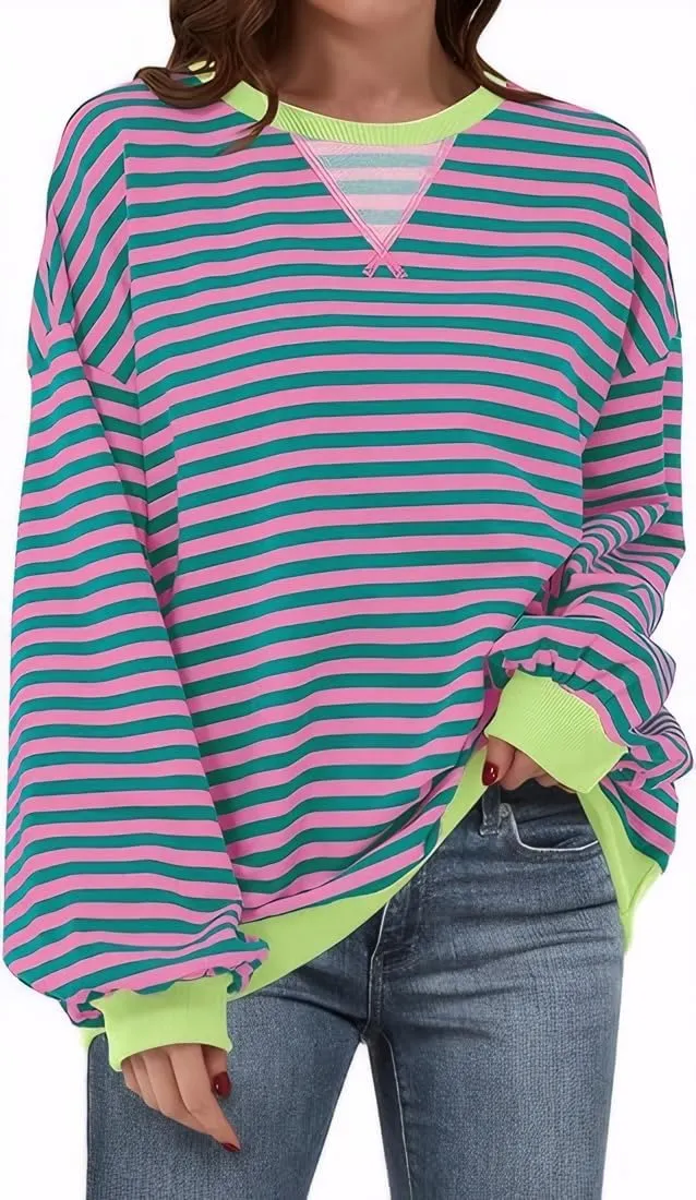 Womens Stripe Oversized Crewneck Sweatshirts Long Sleeve Pullover Color Block Y2K shirts