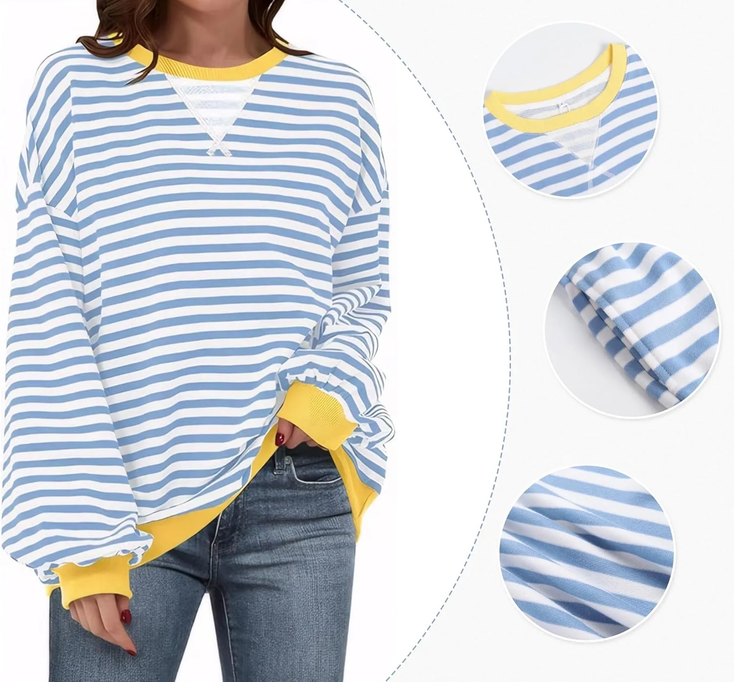 Womens Stripe Oversized Crewneck Sweatshirts Long Sleeve Pullover Color Block Y2K shirts