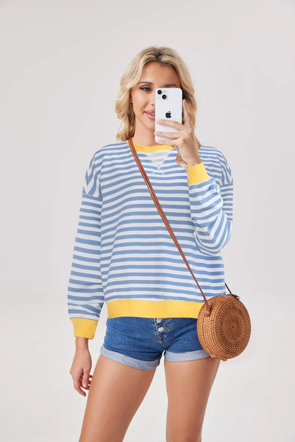 Womens Stripe Oversized Crewneck Sweatshirts Long Sleeve Pullover Color Block Y2K shirts