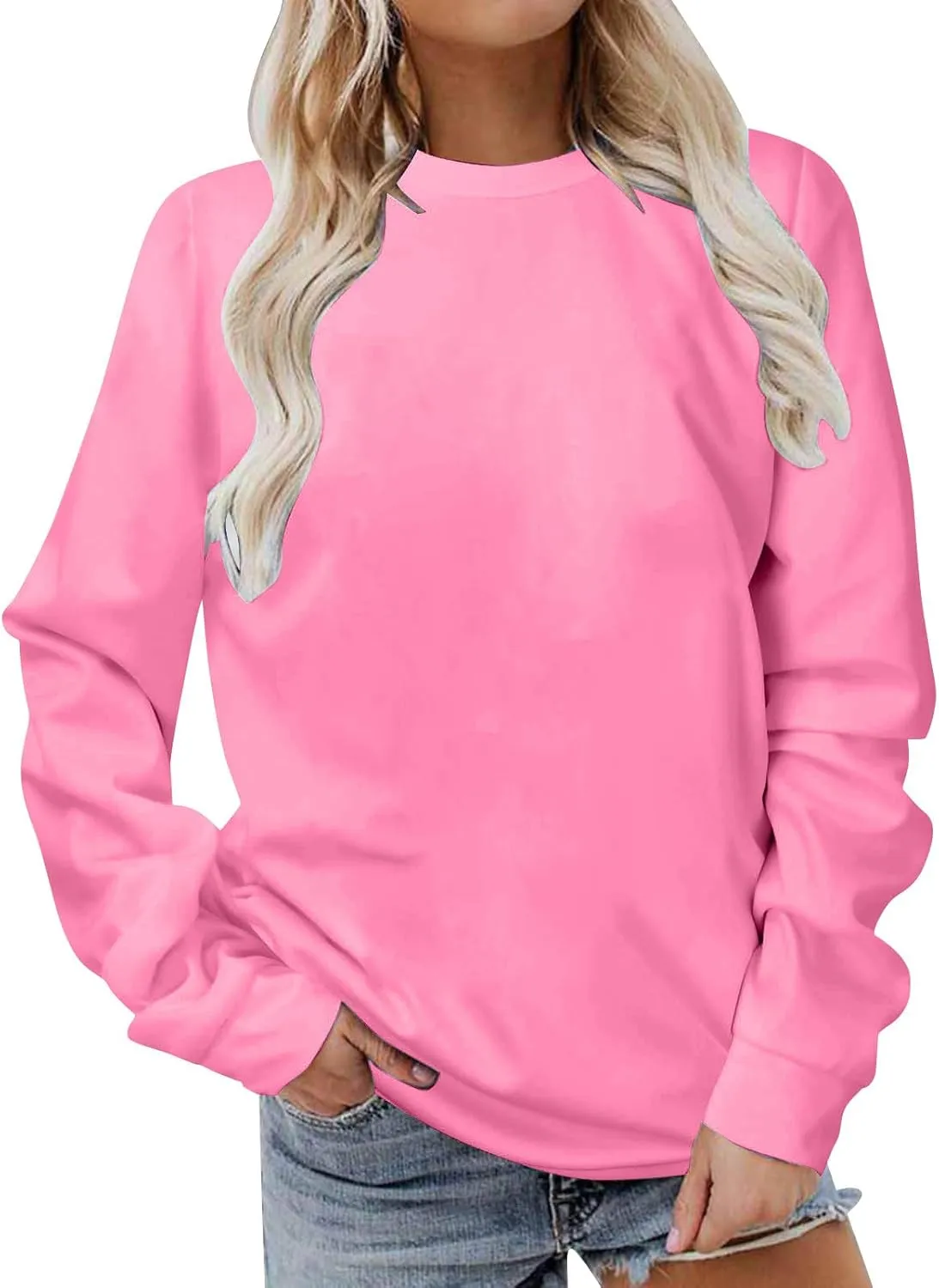 Womens Sweatshirts 2023 Long Sleeve Solid Plain Crewneck Pullover Shirts Loose Fit Tunic Casual Fashion Fall Outfits
