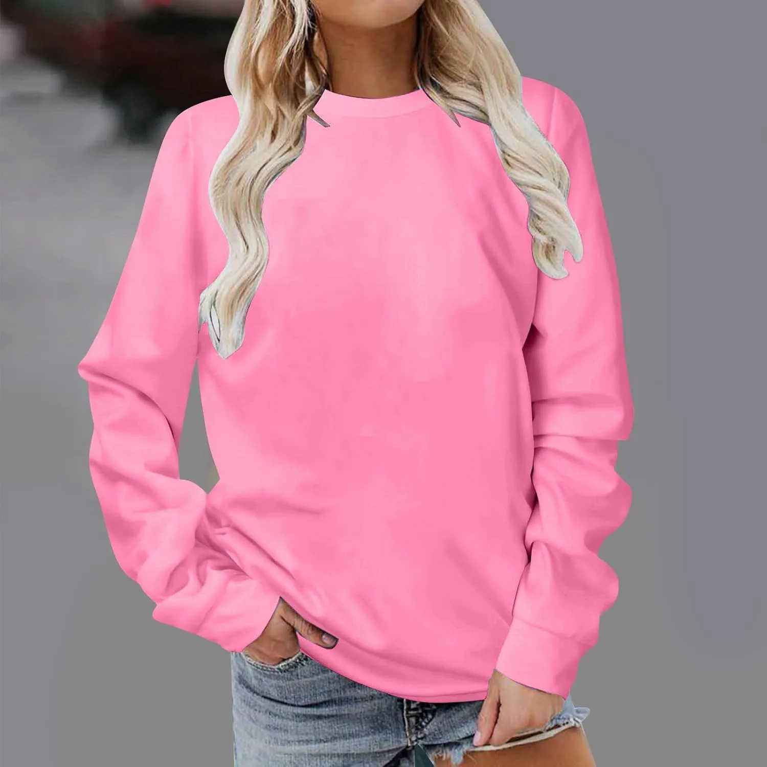 Womens Sweatshirts 2023 Long Sleeve Solid Plain Crewneck Pullover Shirts Loose Fit Tunic Casual Fashion Fall Outfits