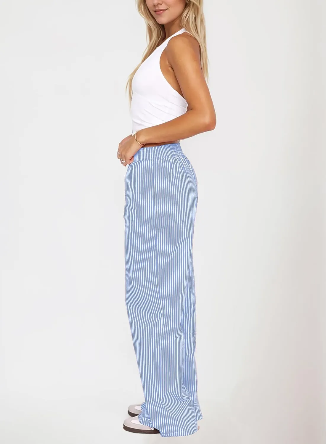 Ythomm Womens Striped Lounge Pants Low Waist Elastic Wide Leg Y2k Casual Boxer Trousers Loose Fit Pajama Pants with Pockets