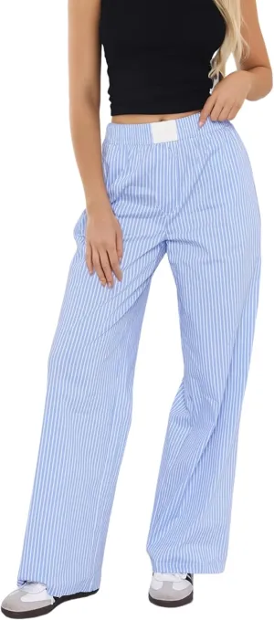 Ythomm Womens Striped Lounge Pants Low Waist Elastic Wide Leg Y2k Casual Boxer Trousers Loose Fit Pajama Pants with Pockets